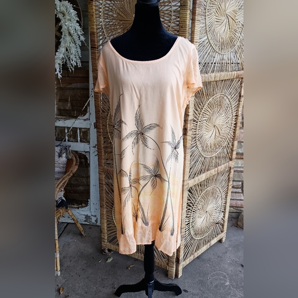 RayaSun Peach Short Sleeve Dress with Palm Tree Design_XL